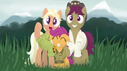 Size: 3840x2160 | Tagged: safe, artist:dtcx97, derpibooru import, mane allgood, scootaloo, snap shutter, earth pony, pegasus, pony, clothes, cute, cutealoo, explicit source, eyes closed, family, family photo, father and child, father and daughter, female, filly, foal, grass, hat, image, looking at you, male, mare, mother and child, mother and daughter, png, shirt, smiling, stallion, trio, unshorn fetlocks