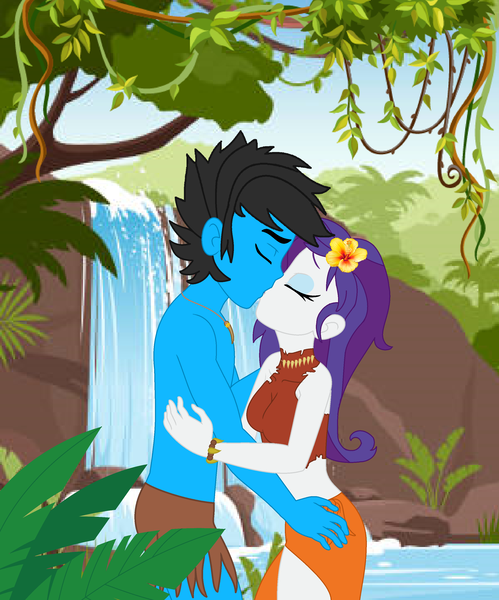 Size: 2496x3000 | Tagged: safe, artist:ds59, derpibooru import, rarity, oc, human, equestria girls, bracelet, clothes, collar, eyes closed, flower, flower in hair, image, jewelry, jungle, jungle girl, kiss on the lips, kissing, lake, loincloth, png, tarzan, water, waterfall