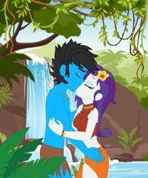 Size: 2496x3000 | Tagged: safe, artist:ds59, derpibooru import, rarity, oc, human, equestria girls, bracelet, clothes, collar, eyes closed, flower, flower in hair, image, jewelry, jungle, jungle girl, kiss on the lips, kissing, lake, loincloth, png, tarzan, water, waterfall