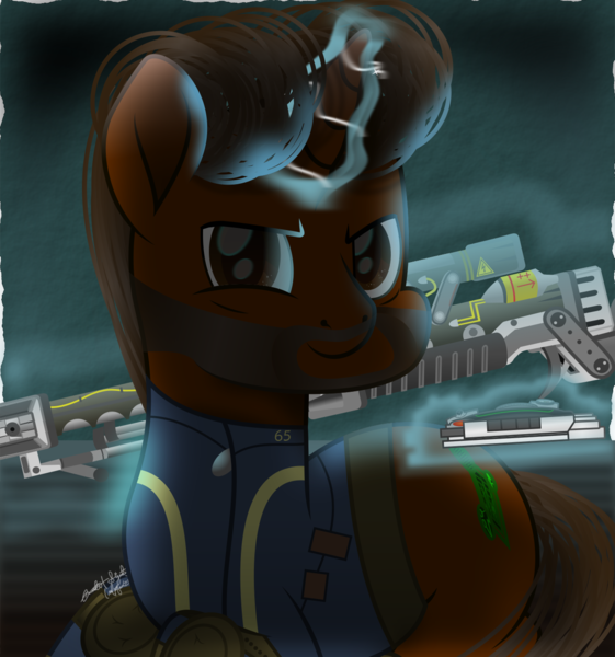 Size: 1258x1345 | Tagged: safe, artist:lincolnbrewsterfan, artist:skrollz, derpibooru import, oc, oc:willing vision, unofficial characters only, pony, unicorn, fallout equestria, .svg available, aura, bags under eyes, beard, birthday gift, brown eyes, brown mane, brown tail, buff, calculator, clothes, dark, determination, determined, determined face, determined look, determined smile, facial hair, fallout equestria oc, floor, gift art, glow, glowing horn, gradient mane, gradient tail, grin, gun, highlights, horn, image, inkscape, jumpsuit, leg guards, levitation, lifting, lying, lying down, magic, magic aura, male, moustache, movie accurate, muscles, nc-tv signature, pipbuck, pipbuck 3000, png, prone, realistic mane, rifle, shading, shadow, signature, simple background, smiling, solo, stallion, tail, telekinesis, unicorn oc, vault suit, vector, wall, weapon, wrinkles