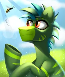 Size: 1693x2022 | Tagged: safe, artist:rtootb, derpibooru import, sunny starscout, oc, oc:brass, unofficial characters only, bee, insect, pony, zebra, bat eyes, blue mane, cloud, digital art, g5, green fur, happy, image, looking at something, looking up, male, png, red eyes, simple background, smiling, solo, stallion, summer, zebra oc