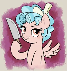 Size: 1983x2083 | Tagged: safe, artist:heretichesh, derpibooru import, cozy glow, pegasus, pony, female, filly, foal, hoof hold, image, jpeg, knife, looking at you, magnetic hooves, smiling, smiling at you, solo