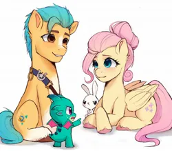 Size: 1999x1749 | Tagged: safe, derpibooru import, angel bunny, fluttershy, hitch trailblazer, sparky sparkeroni, dragon, earth pony, pegasus, pony, rabbit, animal, baby, baby dragon, cute, female, g4, g5, image, jpeg, male, mare, simple background, sitting, stallion, white background