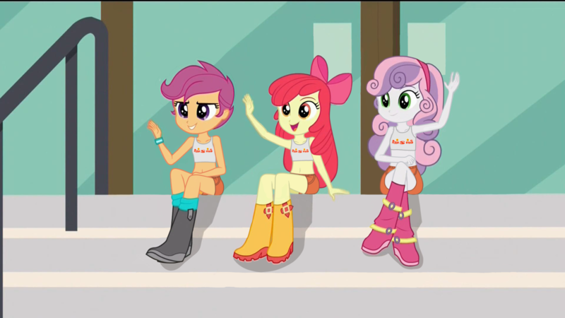 Size: 1776x999 | Tagged: suggestive, edit, edited screencap, screencap, apple bloom, scootaloo, sweetie belle, equestria girls, friendship games, belly button, boots, breasts, clothes, clothes edit, cutie mark crusaders, delicious flat chest, female, image, midriff, png, raisins, shoes, shorts, tanktop, waving