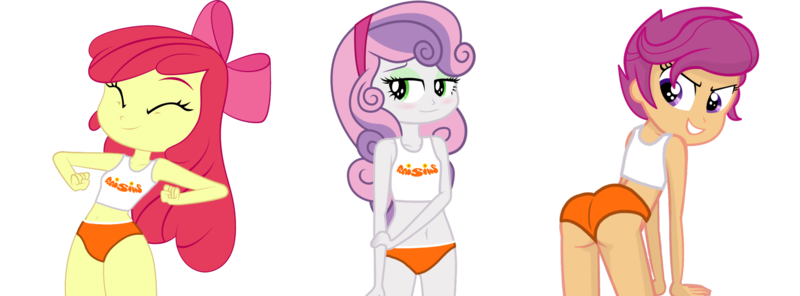 Size: 1918x710 | Tagged: suggestive, artist:apony4u, artist:succubi samus, banned from derpibooru, edit, edited edit, vector edit, apple bloom, scootaloo, sweetie belle, equestria girls, belly button, blushing, butt, clothes, clothes edit, cutie mark crusaders, dancing, female, females only, hand on arm, image, lolicon, orange panties, png, raisins, scootabutt, simple background, tanktop, transparent background, underage, vector