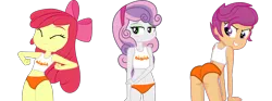 Size: 1918x710 | Tagged: suggestive, artist:apony4u, artist:succubi samus, banned from derpibooru, edit, edited edit, vector edit, apple bloom, scootaloo, sweetie belle, equestria girls, belly button, blushing, butt, clothes, clothes edit, cutie mark crusaders, dancing, female, females only, hand on arm, image, lolicon, orange panties, png, raisins, scootabutt, simple background, tanktop, transparent background, underage, vector