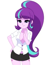 Size: 1252x1632 | Tagged: suggestive, artist:rosemile mulberry, derpibooru import, starlight glimmer, human, equestria girls, absolute cleavage, beautiful, big breasts, breasts, busty starlight glimmer, cleavage, clothes, cutie mark, cutie mark on equestria girl, female, image, miniskirt, open clothes, open shirt, png, ponytail, s5 starlight, sexy, shirt, simple background, skirt, smiling, solo, updated design, white background