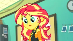 Size: 3410x1920 | Tagged: safe, derpibooru import, screencap, sunset shimmer, human, equestria girls, equestria girls series, forgotten friendship, breasts, clothes, confused, cutie mark, cutie mark on clothes, geode of empathy, high res, image, jewelry, leather, leather vest, magical geodes, necklace, open mouth, png, solo, upscaled, vest