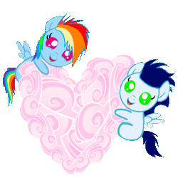 Size: 720x720 | Tagged: safe, artist:mlplary6, derpibooru import, rainbow dash, soarin', pegasus, pony, animated, baby, baby dash, baby pony, baby soarin', cloud, colt, colt soarin', female, filly, filly rainbow dash, foal, gif, heart, image, looking at you, male, shipping, simple background, smiling, smiling at you, soarindash, straight, transparent background, younger