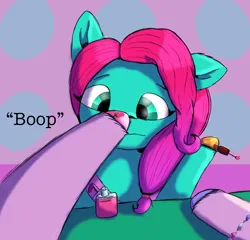 Size: 1600x1536 | Tagged: safe, anonymous artist, derpibooru import, izzy moonbow, earth pony, pony, unicorn, boop, bracelet, cute, derpibooru exclusive, duo, duo female, female, first pony view, g5, hoof polish, image, jazz hooves, jewelry, mare, one ear down, png, raised hoof, silly, silly pony, text