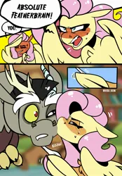 Size: 1640x2360 | Tagged: safe, artist:lrusu, derpibooru import, discord, fluttershy, comic:fluttercord (irusu), antlers, blushing, comic, discoshy, female, frustrated, hair pulling, horn, image, jpeg, kiss on the cheek, kissing, male, nervous sweat, one eye closed, shipping, signature, straight