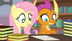 Size: 1920x1080 | Tagged: safe, artist:agrol, derpibooru import, fluttershy, smolder, dragon, pegasus, pony, book, bookshelf, image, mouth hold, pencil, png