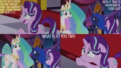 Size: 2000x1125 | Tagged: safe, derpibooru import, edit, edited screencap, editor:quoterific, screencap, princess celestia, princess luna, starlight glimmer, a royal problem, image, png