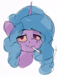 Size: 662x890 | Tagged: safe, artist:ryanmandraws, derpibooru import, izzy moonbow, pony, doodle, drugs, female, g5, high, image, jpeg, looking at you, mare, marijuana, simple background, sketch, smiling, smoking, solo, stoned, white background