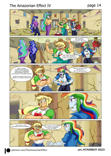 Size: 2726x3802 | Tagged: safe, artist:atariboy2600, artist:bluecarnationstudios, derpibooru import, applejack, princess celestia, princess luna, rainbow dash, human, comic:the amazonian effect, comic:the amazonian effect iv, equestria girls, angry, applejacked, breasts, busty applejack, busty princess celestia, busty rainbow dash, canterlot high, clothes, converse, image, muscles, overdeveloped muscles, png, principal celestia, rainbuff dash, shoes