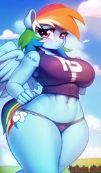 Size: 2912x4960 | Tagged: suggestive, derpibooru import, editor:abyssal-labs, machine learning assisted, rainbow dash, anthro, pegasus, abs, belly button, big breasts, bikini, bikini bottom, breasts, busty rainbow dash, clothes, cloud, female, hand on breast, hand on hip, heart, high res, image, looking at you, midriff, png, sky, solo, solo female, spread wings, swimsuit, tanktop, tattoo, thick, tight clothing, wide hips, wings