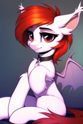 Size: 1024x1536 | Tagged: safe, derpibooru import, editor:flitter4935, machine learning generated, novelai, stable diffusion, oc, oc:scarlett sky, unofficial characters only, bat pony, bat pony oc, bat wings, choker, ear fluff, female, image, looking at you, png, sitting, solo, solo female, wings