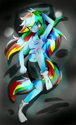 Size: 1991x3264 | Tagged: safe, artist:applejack_yokai, derpibooru import, rainbow dash, equestria girls, blushing, female, image, jpeg, lying down, midriff, on back, solo