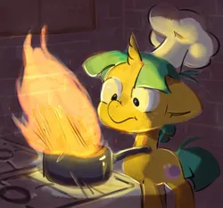 Size: 1100x1024 | Tagged: safe, artist:kukie, derpibooru import, snails, pony, unicorn, cooking, fire, image, jpeg, male, solo