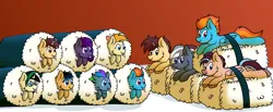 Size: 4008x1652 | Tagged: safe, derpibooru import, oc, bat pony, hippogriff, hybrid, pegasus, pony, commission, food, image, pegabat, png, ponies in food, sushi, your character here