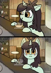 Size: 1406x1981 | Tagged: safe, artist:colochenni, derpibooru import, sprout greenhoof, pony, unicorn, bar, cup, drawthread, drinking, drinking straw, image, las pegasus resident, looking at you, meme, png, ponified meme, table