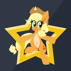 Size: 1200x1200 | Tagged: safe, artist:tridashie, derpibooru import, applejack, earth pony, pony, advertisement, advertisement in description, belly button, bipedal, eye clipping through hair, female, full body, image, looking at you, mare, pale belly, png, redbubble, simple background, smiling, smiling at you, solo, stars, teepublic