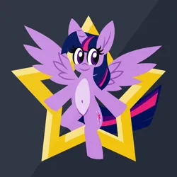 Size: 1200x1200 | Tagged: safe, artist:tridashie, derpibooru import, twilight sparkle, twilight sparkle (alicorn), alicorn, pony, advertisement, advertisement in description, belly button, bipedal, eye clipping through hair, female, full body, image, looking at you, mare, pale belly, png, redbubble, simple background, smiling, smiling at you, solo, stars, teepublic