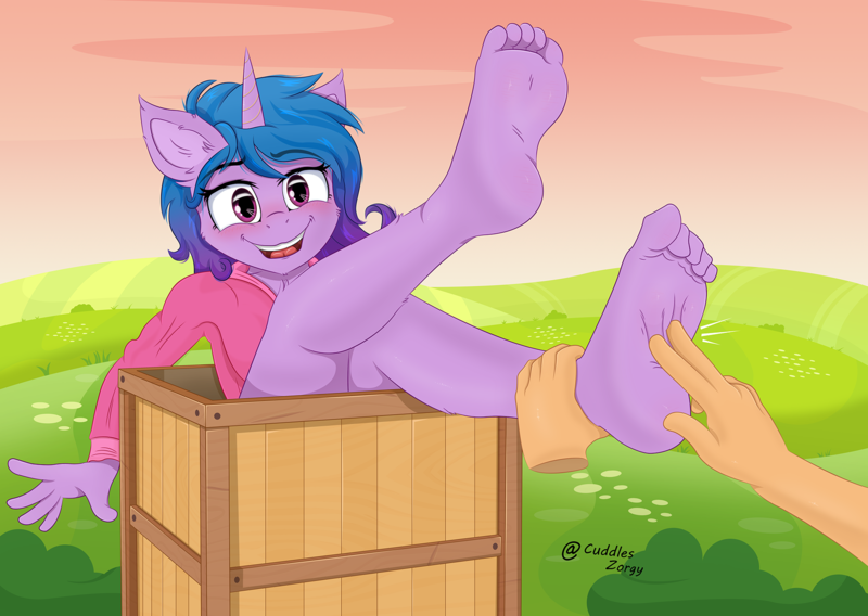 Size: 1900x1350 | Tagged: suggestive, artist:zorgycuddles, derpibooru import, izzy moonbow, anthro, plantigrade anthro, unicorn, barefoot, blushing, clothes, disembodied hand, feet, fetish, foot fetish, foot focus, g5, hand, image, laughing, outdoors, png, stuck, tickle torture, tickling
