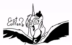 Size: 640x400 | Tagged: safe, artist:brongaar, derpibooru import, princess luna, alicorn, pony, black and white, female, grayscale, hypercaffinated, image, jewelry, jpeg, luna found the coffee, mare, monochrome, open mouth, open smile, peytral, shrunken pupils, simple background, smiling, solo, spread wings, style emulation, tiara, white background, wings