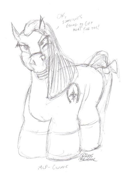 Size: 614x860 | Tagged: safe, artist:brongaar, derpibooru import, oc, oc:gunnlod, ponified, unofficial characters only, earth pony, pony, 2005, angry, bow, female, g3, grayscale, image, jpeg, looking at you, mare, monochrome, non-mlp oc, signature, tail, tail bow, traditional art