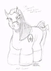 Size: 614x860 | Tagged: safe, artist:brongaar, derpibooru import, oc, oc:gunnlod, ponified, unofficial characters only, earth pony, pony, 2005, angry, bow, female, g3, grayscale, image, jpeg, looking at you, mare, monochrome, non-mlp oc, signature, tail, tail bow, traditional art
