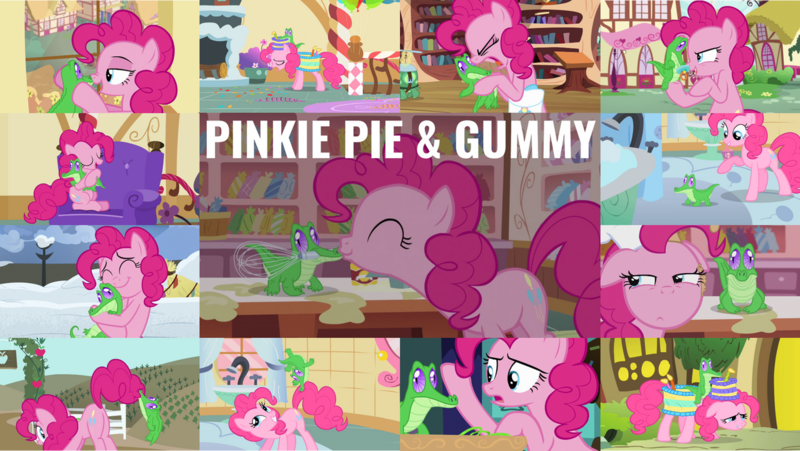 Size: 1280x722 | Tagged: safe, derpibooru import, editor:quoterific, gummy, pinkie pie, castle mane-ia, feeling pinkie keen, just for sidekicks, not asking for trouble, party of one, party pooped, secrets and pies, the lost treasure of griffonstone, the one where pinkie pie knows, image, png