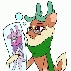 Size: 3000x3000 | Tagged: safe, artist:mrneo, derpibooru import, cashmere (tfh), oc, oc:mohair, deer, reindeer, them's fightin' herds, antlers, body pillow, clothes, community related, glasses, image, jpeg, scarf, sleepy, solo