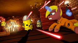 Size: 4000x2250 | Tagged: safe, artist:enteryourponyname, derpibooru import, ponified, pony, unicorn, 3d, angry, barrel, blast, blender, blonde, book, bullet kin, candle, chains, chandelier, clothes, convict, dungeon, enter the gungeon, eyepatch, gritted teeth, gun, handgun, image, lamp, lying down, magic, on back, pistol, png, prison outfit, red shotgun kin, revolver, shooting, table, teeth, veteran bullet kin, weapon