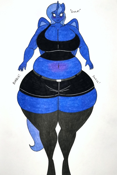 Size: 2323x3464 | Tagged: suggestive, artist:thaliaglacyswells, derpibooru import, oc, oc:lucy moon, unofficial characters only, alicorn, anthro, unguligrade anthro, alicorn oc, anthro oc, belly, blueberry inflation, breasts, cleavage, clothes, female, horn, image, inflation, jpeg, sequence, socks, solo, thigh highs, thighs, traditional art, wings