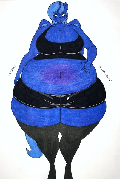 Size: 2315x3453 | Tagged: suggestive, artist:thaliaglacyswells, derpibooru import, oc, oc:lucy moon, unofficial characters only, alicorn, anthro, unguligrade anthro, alicorn oc, anthro oc, belly, blueberry inflation, breasts, cleavage, clothes, female, horn, image, inflation, jpeg, sequence, socks, solo, thigh highs, thighs, traditional art, wings