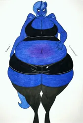 Size: 2315x3453 | Tagged: suggestive, artist:thaliaglacyswells, derpibooru import, oc, oc:lucy moon, unofficial characters only, alicorn, anthro, unguligrade anthro, alicorn oc, anthro oc, belly, blueberry inflation, breasts, cleavage, clothes, female, horn, image, inflation, jpeg, sequence, socks, solo, thigh highs, thighs, traditional art, wings