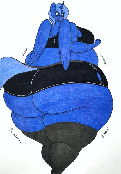 Size: 2394x3456 | Tagged: suggestive, artist:thaliaglacyswells, derpibooru import, oc, oc:lucy moon, unofficial characters only, alicorn, anthro, unguligrade anthro, alicorn oc, blueberry inflation, butt, clothes, female, horn, image, inflation, jpeg, rear view, sequence, socks, solo, thigh highs, thighs, traditional art, wings