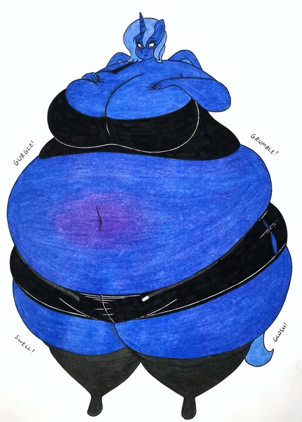 Size: 2420x3375 | Tagged: suggestive, artist:thaliaglacyswells, derpibooru import, oc, oc:lucy moon, unofficial characters only, alicorn, anthro, unguligrade anthro, alicorn oc, anthro oc, belly, blueberry inflation, breasts, cleavage, female, horn, image, inflation, jpeg, sequence, solo, thighs, traditional art, wings