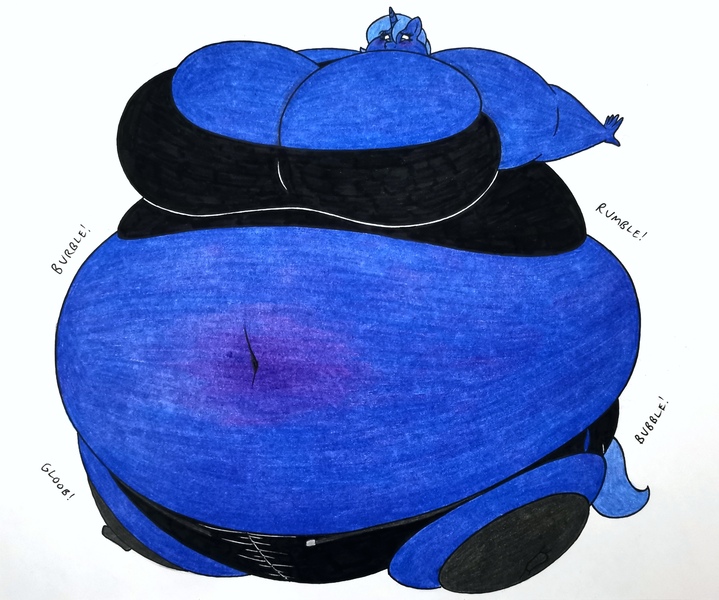 Size: 3026x2525 | Tagged: suggestive, artist:thaliaglacyswells, derpibooru import, oc, oc:lucy moon, unofficial characters only, alicorn, anthro, unguligrade anthro, alicorn oc, anthro oc, belly, blueberry inflation, breasts, cleavage, female, horn, image, inflation, jpeg, sequence, solo, solo female, traditional art, wings