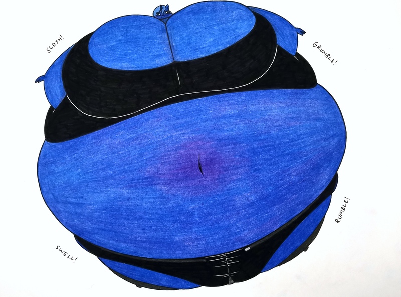 Size: 3397x2522 | Tagged: suggestive, artist:thaliaglacyswells, derpibooru import, oc, oc:lucy moon, unofficial characters only, alicorn, anthro, unguligrade anthro, alicorn oc, anthro oc, belly, blueberry inflation, breasts, cleavage, female, horn, image, inflation, jpeg, sequence, solo, solo female, traditional art, wings