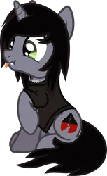 Size: 713x1162 | Tagged: safe, artist:lightningbolt, derpibooru import, oc, ponified:kellin quinn, pony, unicorn, .svg available, clothes, derp, derpibooru exclusive, disguise, disguised siren, fangs, horn, image, jewelry, male, necklace, png, raised hoof, scrunchy face, shirt, sitting, sleeping with sirens, solo, stallion, t-shirt, tongue out, vector
