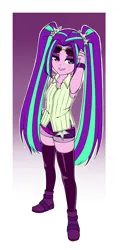 Size: 864x1800 | Tagged: safe, artist:nekojackun, derpibooru import, aria blaze, equestria girls, aria flat, bare shoulders, breasts, clothes, delicious flat chest, female, image, png, shoes, shorts, sleeveless, socks, solo, sunglasses, thigh highs, vest