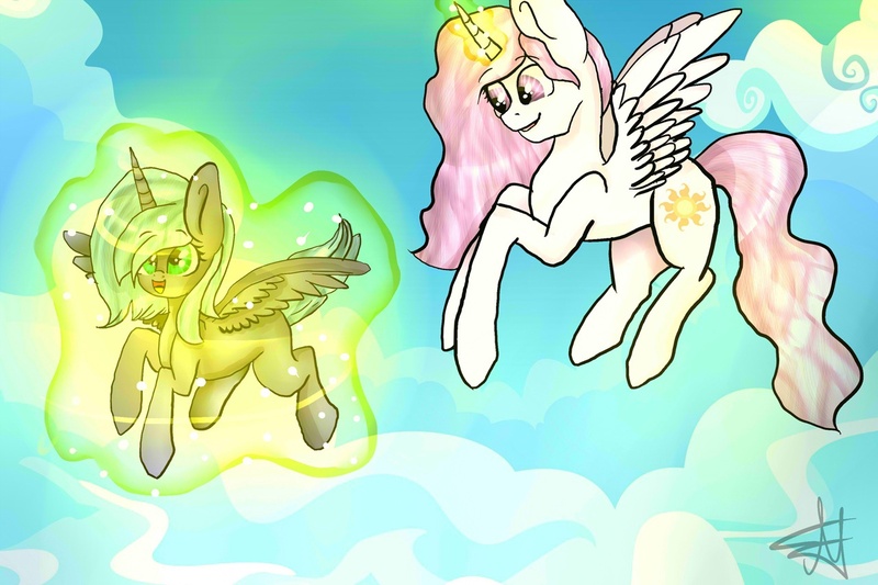 Size: 1280x853 | Tagged: safe, derpibooru import, princess celestia, princess luna, sunny starscout, pony, alicorns, children, cute, female, filly, foal, g5, happy, image, jpeg, magic, royals, siblings, sisters, sky, wings