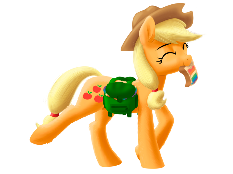 Size: 2880x2160 | Tagged: safe, artist:stellardust, derpibooru import, applejack, earth pony, pony, apple, applejack's hat, backpack, bread, cowboy hat, cute, ear fluff, eyes closed, female, food, happy, hat, high res, image, jackabetes, mare, png, simple background, solo, transparent background, walking, zap apple