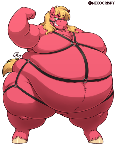 Size: 825x1050 | Tagged: questionable, artist:nekocrispy, derpibooru import, big macintosh, anthro, earth pony, unguligrade anthro, belly, belly button, big belly, bigger macintosh, breasts, chest fluff, fat, featureless breasts, flexing, freckles, grin, harness, image, lidded eyes, male, moobs, morbidly obese, nudity, obese, png, rolls of fat, shoulder freckles, simple background, smiling, solo, standing, tack, transparent background