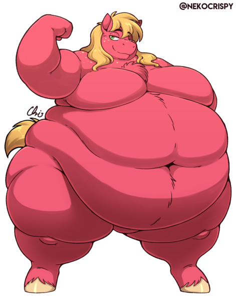 Size: 825x1050 | Tagged: questionable, alternate version, artist:nekocrispy, derpibooru import, big macintosh, anthro, earth pony, unguligrade anthro, belly, belly button, big belly, bigger macintosh, breasts, chest fluff, fat, featureless breasts, flexing, freckles, image, lidded eyes, male, moobs, morbidly obese, nudity, obese, png, rolls of fat, shoulder freckles, simple background, smiling, solo, standing, transparent background