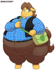 Size: 825x1050 | Tagged: safe, artist:nekocrispy, derpibooru import, caramel, anthro, earth pony, unguligrade anthro, bag, belt, carafat, clothes, fat, image, male, morbidly obese, obese, pants, png, shirt, simple background, smiling, solo, standing, transparent background