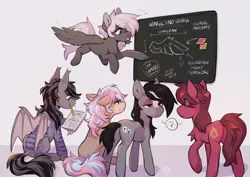 Size: 2048x1454 | Tagged: safe, artist:ashtodusk, derpibooru import, oc, unofficial characters only, bat pony, earth pony, pegasus, pony, anatomy, bat pony oc, bat wings, butt, chalkboard, earth pony oc, flying, image, jpeg, notebook, pegasus oc, pencil, plot, sticky note, unamused, wings