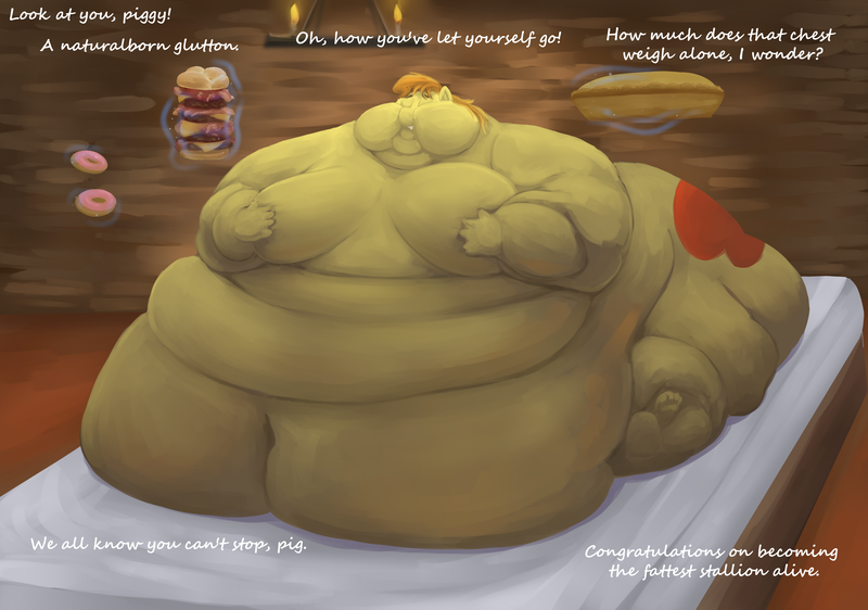 Size: 3230x2271 | Tagged: questionable, artist:lupin quill, derpibooru import, braeburn, anthro, earth pony, plantigrade anthro, pony, bed, bedbound, belly, belly button, bhm, big belly, bingo wings, braeblob, burger, chubby cheeks, donut, eyes closed, fat, fat fetish, feeding, feet, fetish, food, grin, hay burger, image, immobile, large butt, levitation, lineless, magic, male, moobs, morbidly obese, multichin, nudity, obese, offscreen character, pie, png, rolls of fat, smiling, solo, solo male, stretched cutie mark, teasing, telekinesis, thighs, thunder thighs